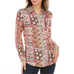 J. McLaughlin Darcey Blouse Brown Pebbled Medina Print Silk Blend size Large